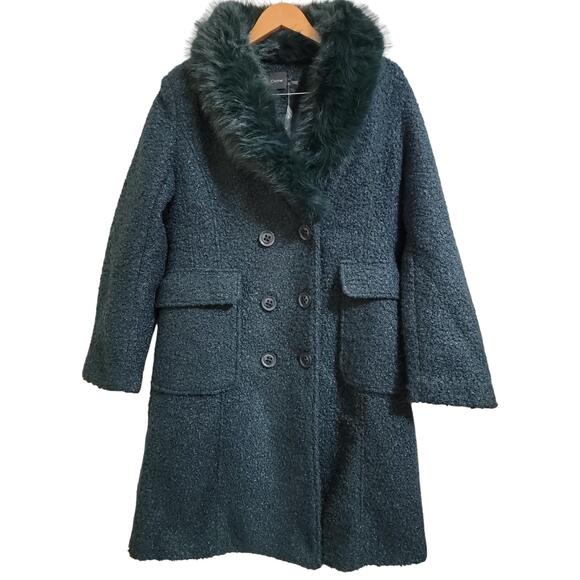 Jackets & Blazers - Cliche Green Black Faux Fur Collar Knee Length Double Breasted Coat Large